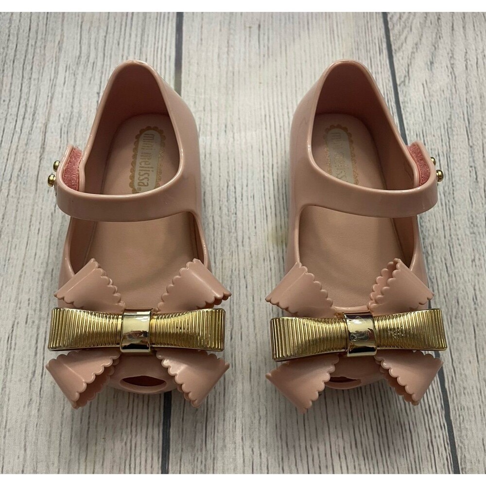 Pale Pink Gold Bow Mini Melissa Little Girl Toddler Sandals Shoes, Size 5